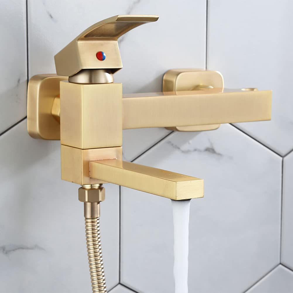 Grifo de bañera cepillado D montado en la pared con ducha de mano, grifo mezclador de latón monomando de 150 cm, manguera y soporte para baño