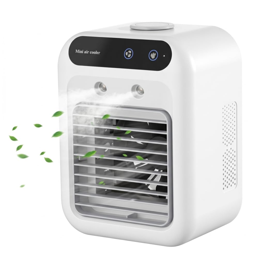 Perodlly Rechargeable Portable Air Conditioner - Mini Air Cooler With Spray Humidification & 8h Timer, White..