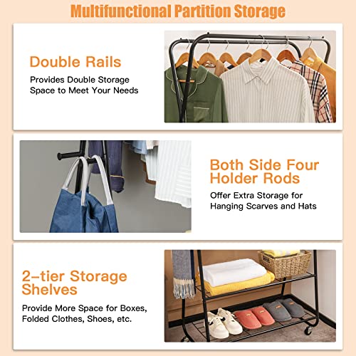 Tangkula Heavy Duty Clothes Rack With Shelves, Double Rod Rolling Garment Rack On Wheels With 4 Hooks, Portable Hanging Clothes Rack For Organizing Clothes And Shoes, Freestanding Clothing Racks #TOP6