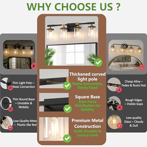 Image of DORESshop 4-Light Bathroom Vanity Light, Black and Gold Bathroom Light Fixtures, Modern Vanity Lights for Hallway Bedroom Living Room