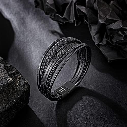 Speroto Mens Bracelet, Adjustable Premium Leather Bracelet for Men in Black and Brown with Stainless Steel Magnetic Clasp, Multi-Layer Braided Genuine Leather Bracelet Gift Idea for Men/ Women