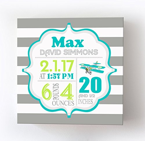 Personalized Stretched Canvas Birth Announcement Gift, Custom Baby Name, Date, Weight Stats, Newborn Airplane Nursery Wall Art Decor, Wooden Frame Construction, Ready to Hang 16X16