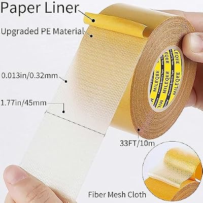 Double Sided Tape Heavy Duty, 1.77in x 33FT(10m), Universal High Tack Strong Wall Adhesive with Fiberglass Mesh, Super Sticky Resistente Clear Tape, Easy Use Mounting Tape Strips Office Home
