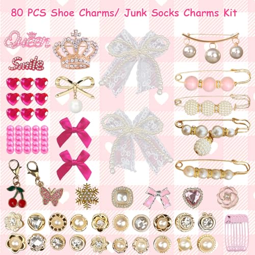 Molirex 80 Pcs Shoe Charms for Sneakers Women Junk Socks Charms Kit with Pearl Shoelace Gold Brooches and Pins, Rhinestone Pink Bows Charm Set — view 2
