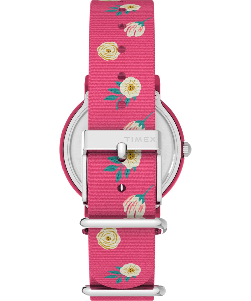 Timex TW2W83200 Peanuts Color Rush Floral Damen-Armbanduhr, 34 mm, rosa Stoffarmband und weißes Zifferblatt