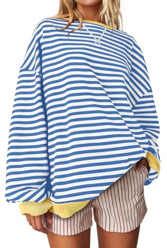 Image of UEU Women Oversized Striped Crewneck Sweatshirt Long Sleeve Color Block Pullover Tops Casual Loose Workout Shirt