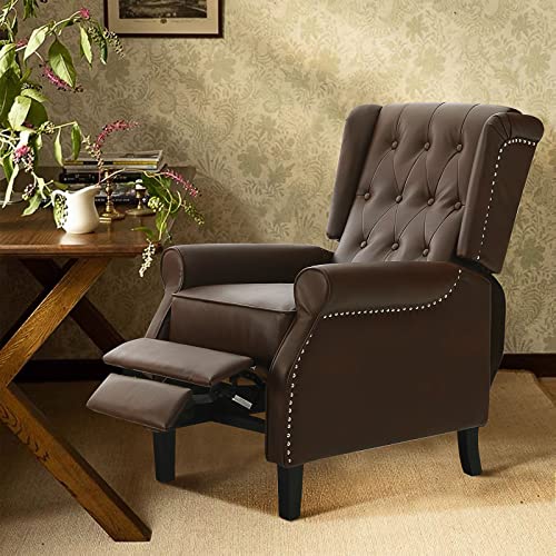 Leisland Wingback Chair Recliner Tufted Faux Leather Push Back For Living Room, Mid-Century Modern Accent Chair Office Chair With Solid Wood Frame, Footrest And Nailhead Trim And Wood Legs (Brown) #TOP3