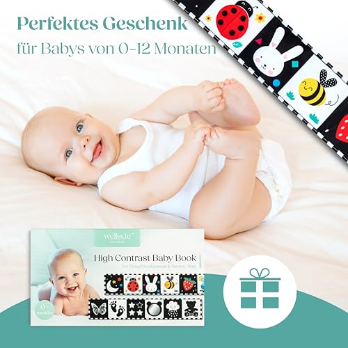 WELLODE Kontrastbuch Baby Mit Teddy Spiegel - Schwarz Weiß Doppelseitig Baby Stoffbuch - Kontrast Spielzeug Baby 0 3 6 12 Monate - Ideal für die Visuelle Entwicklung und die Bauchlage