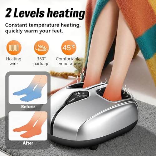 Shiatsu Foot Massager with Heat,Vibration,Air Compression and Deep Kneading,4 Modes + 2 Heat Levels + 5 Intensities,Quiet Design and Washable Sleeves,Present for Women and Men