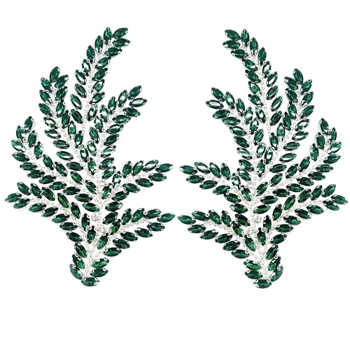1 Pair Emerald Leaf Rhinestones Applique, Handmade Crystal Beaded Rosemary Iron on Patches for Bridal Dress Jeans Hat Bag Jacket Embellishment,Bedazzling Gems for Craft