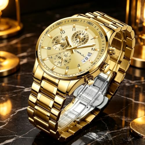 Image of CRRJU Men's Multifunctional Chronograph Wristwatches,Stainsteel Steel Band Fashion Quartzuartz Waterproof Watch