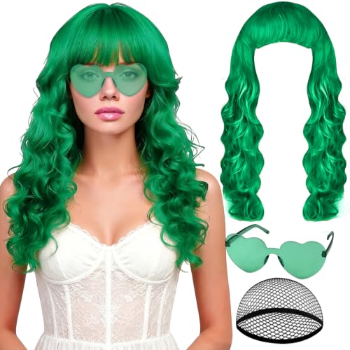 PLULON Green Neon Wave Wig with Heart Sunglasses for Women, Colorful Funny Party Long Wavy Wigs with Bangs Synthetic Curly Hair for Cosplay Bachelorette Theme Party Music Festival Fancy Dress