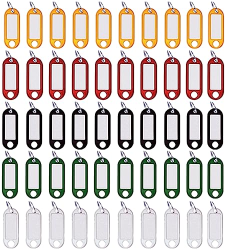 50 Stück Schlüsselanhänger zur Beschriftung Beschriftbar Farbig Bunt - Schlüsselschilder zum Beschriften mit Ring auswechselbarem Etikett in Schwarz, Rot, Gelb, Weiß, Grün Kunststoff