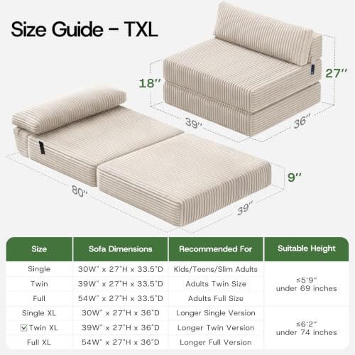 Image of Folding Sofa Bed Convertible 4 in 1 Sleeper Chair Beige Twin XL