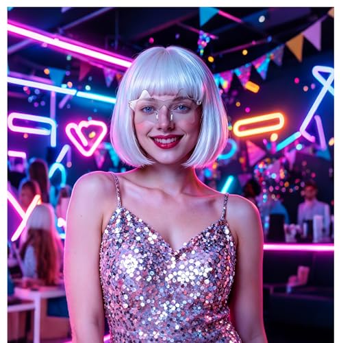 rookea White Bob Wig with Star Sunglasses for Women Men Fun Short Bob Wigs Synthetic Hair with Hair Cap for Christmas Halloween Costume Cosplay Party Bachelorette Party Drag Queen Fashion Show