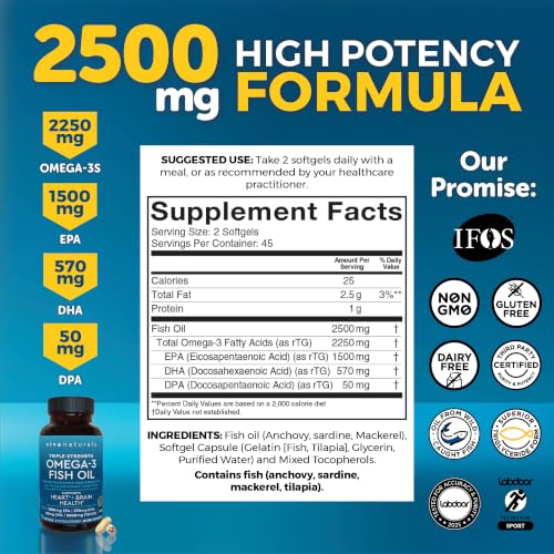 Viva Naturals Omega 3 Fish Oil Supplement for Women and Men - 2500 mg Triple Strength Fish Oil per Serving with Omega 3 Fatty Acids Including EPA, DHA DPA - 90 Pescatarian-Friendly Softgels - image 2