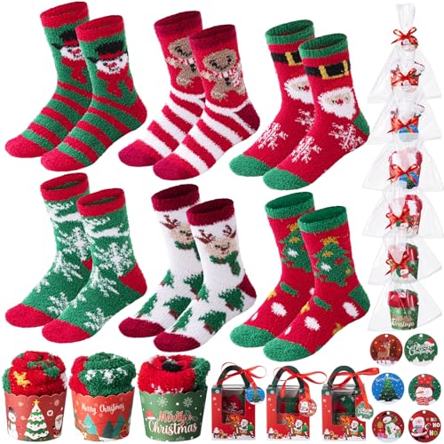 Chuarry 6 Pairs Fuzzy Christmas Socks Christmas Cupcake Socks Fluffy