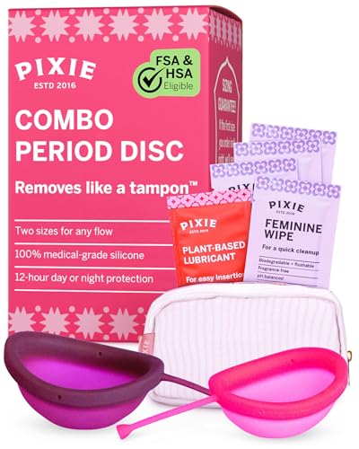 Pixie 2 Menstrual Discs for Feminine Care - 100% Medical-Grade Silicone - Ranked 1 for Softest Reusable Period Disc - Removes Like a Tampon - Wear 12 Hours - Capacity of 5 and 7 Tampons