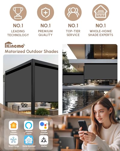 Image of Kincmo Motorized Outdoor Shades for Patio Porch, Custom Outdoor Motorized Blinds with Remote, Waterproof & Windproof Patio Shades Work with Apple Home,Alexa,Google (Dark Grey-0% Openness)