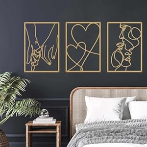 3 Pieces Metal Minimalist Line Wall Art, Valentine’s Day Lover Kiss Hand Metal Wall Decor, Aesthetic Modern Home Hanging Wall Art Decor for Bedroom Bathroom Living Room (Gold)