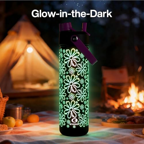 Image of ENCOOL Insulated Water Bottle with Straw Stainless Steel Water Bottle, Glow in the Dark, Leak-Proof, BPA-Free, Keeps Cold for 24 Hours for Sports, Travel, School (26 oz, Flower)