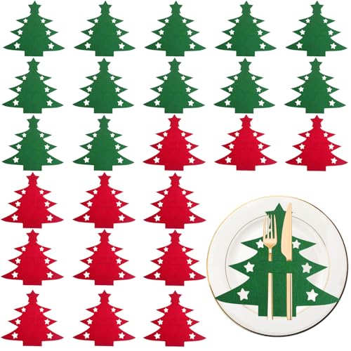 Image of OTKARXUS Christmas Cutlery Holders,24Pcs Xmas-Tree Shaped Christmas Silverware Holder,Felt Red & Green Christmas Knife and Fork Holder for Christmas Party Dinner Table Decorations