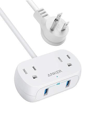 Anker Power Strip With Usb Powerextend Usb 2 Mini, 2 Outlets, And 2 Usb Ports, Flat Plug, 5 Ft Extension Cord Cable, Safety System For Travel, Desk, And Home Office, 240 Volts, White