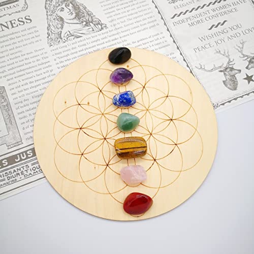 8’’ Wooden Crystal Grid Sacred Geometry Meditation's Cube Witchcraft，Grids for Crystal ,Decor Positive Energy Decor，Various Patterns are Available (8" Flower of Life 7 Chakras)