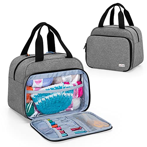 LoDrid Small Knitting Bag, Portable Yarn Storage Bag for Knitting Kit, Crochet Knitting Tote Organizer for Crochet Accessories & Supplies, with 2 Oversize Grommets for Tangle Free, Gray (Bag Only)