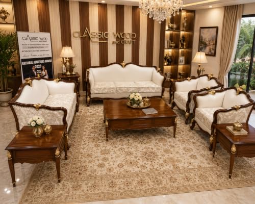 Image of Classic Wood & Craft Italian 7-seater Sofa Set | Teak Wood (3+2+1+1) Sofa Center Table | Victorian Style Hand-carved Wooden Sofa Set | Walnut Finish | Elegant Living Room Sofa Set I Furniture For Home