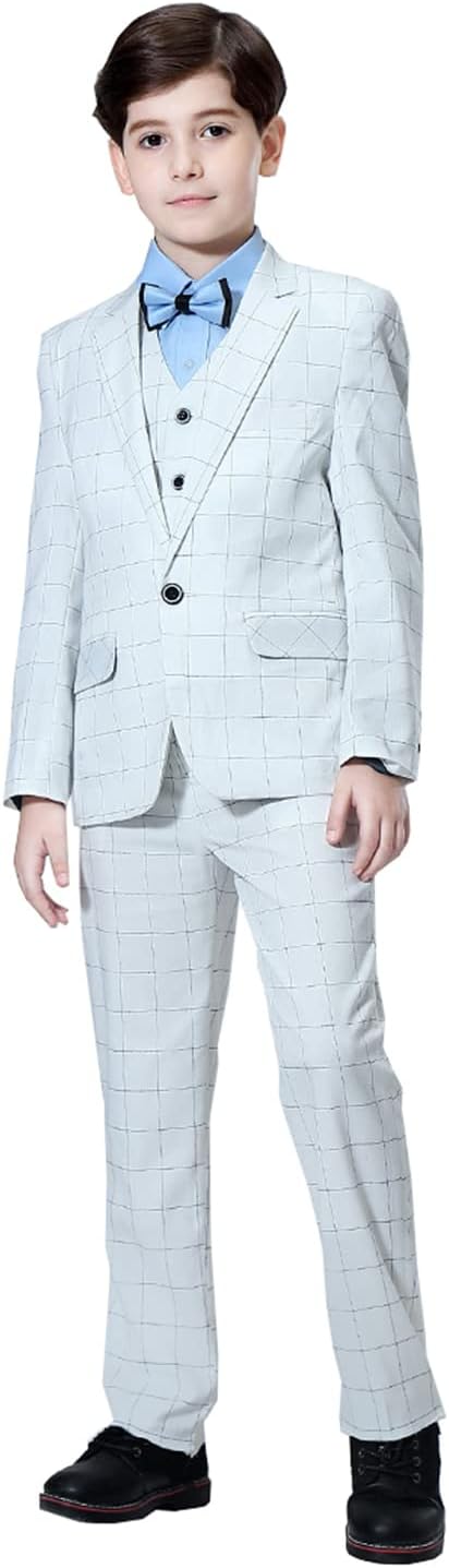 Boys' Checked Suit One Button for Performance Graduation Ceremony Jacket Vest Pants Set