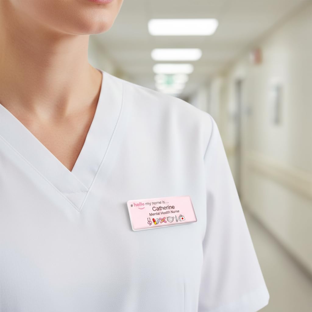 Badgemaster Hello My Name is Logo Pink Nursing Pattern Badge Premium Domed White White 76 x 32mm Doctor Student Nurse Clinical Practitioner Healthcare Assistant Medical Staff GP