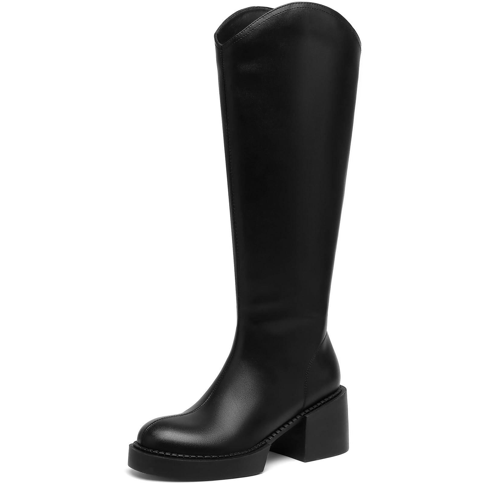 Knee High Boots for Women Platform Chunky Block Heeled Riding Boots Side Zipper Round Toe Tall Long Boots for Fall Winter Black 42.5 EU
