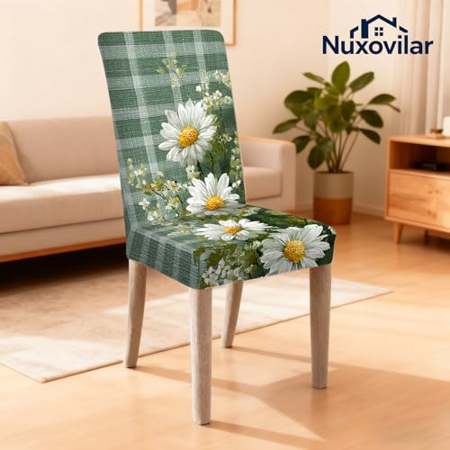 Image of Nuxovilar 6PCS Daisy Plaid Pattern Milk Silk Dining Seat Covers | Stretch Slipcover Retro Protector Floral Plaid Wrap Seat Guard Dining Room Kitchen Breakfast Nook (Daisy Plaid)