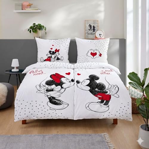 Tex idea Wende-Bettwäsche Set Disney Classic Mickey und Minnie Mouse in Love Größe 135 x 200cm 80 x 80cm 100% Baumwolle Weiss Rot Partner-Bettwäsche (4-TLG)