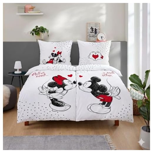 Tex idea Wende-Bettwäsche Set Disney Classic Mickey und Minnie Mouse in Love Größe 135 x 200cm 80 x 80cm 100% Baumwolle Weiss Rot Partner-Bettwäsche (4-TLG)