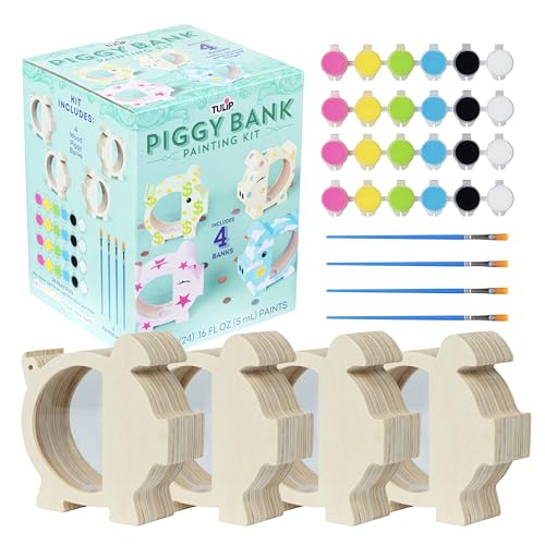 Tulip Paintable Wood Piggy Bank Paint Set, Craft Kit for Family Activity, Classroom and Large Groups, Date Nights, 4 Piggy Banks, 4 Paint Brushes, 24 Paints