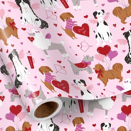 RUSPEPA Valentine's Day Golden Retriever Wrapping Paper Roll, Mini Roll, Cute Dog Pattern with Hearts and Balloons Gift Wrap for Wedding, Anniversary, Birthday, Pet Lovers, 17 Inches x 16.4 Feet