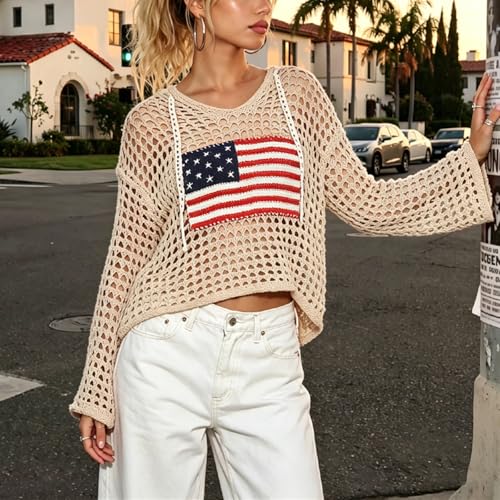 Image of Women's American Flag Crochet Sweater Long Sleeve Hollow Out Lightweight Knit Hoodie 2026 Summer Beach Cover Up Tops