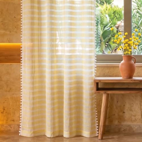 Image of Urban Space Aari Collection Weaved Sheer Curtains for Window 5 Feet, 40-50% Light Filtering Textured Curtain with Eyelets and Tieback, Set of 2 Decorative Curtains (Weaves Yellow, Window- 5 Ft)