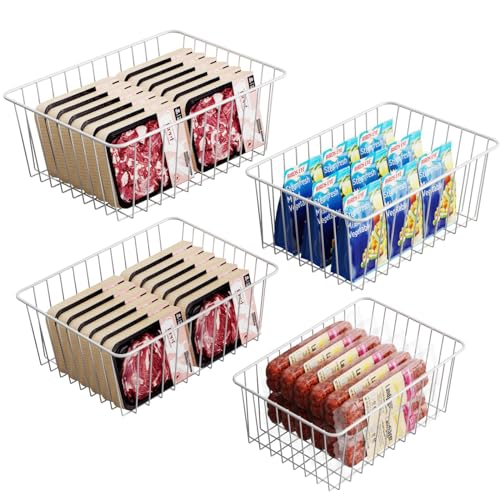iSPECLE Freezer Organizer Bins - 4 Pack Upright Freezer Baskets for 16/17 / 21 Cu.Ft Stand up Freezer, Easily Get Food, Stop Food Fall out from Freezer Better Ventilation, 2 Large 2 Medium, White