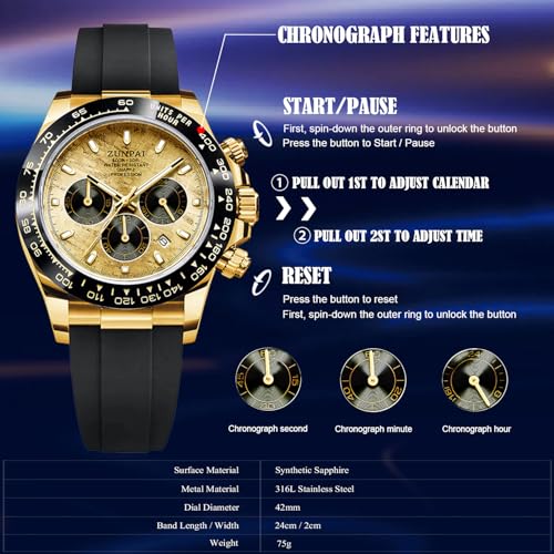 Image of senstone Mens Watch Panda Chronograph Diamond Dial Fashion Quartz Wrist Watch Analog Business Waterproof Rubber Strap Sport Watch for Men