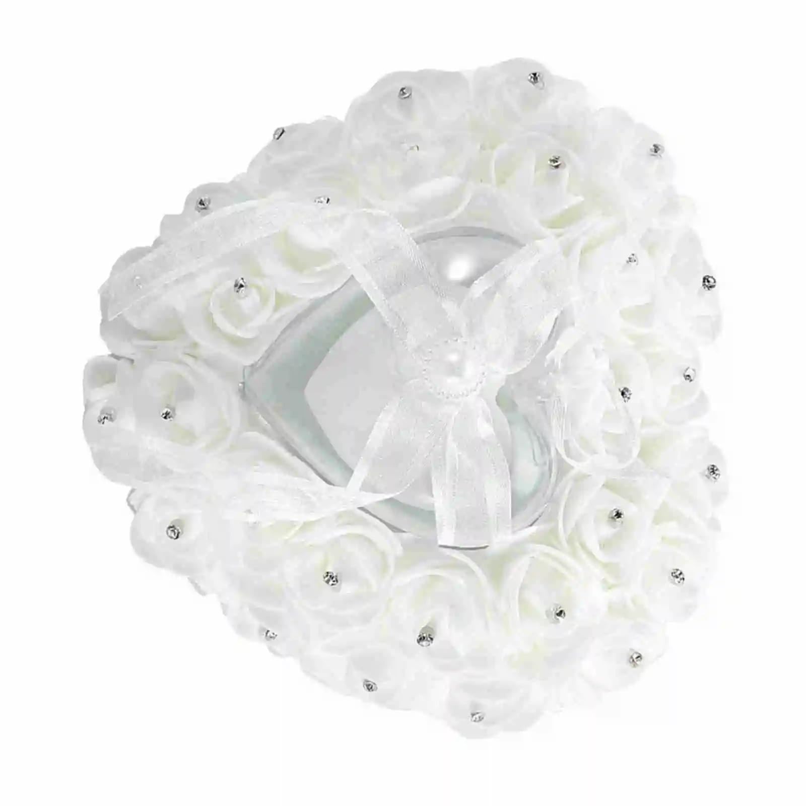 CGRSDSD Ring Bearer Pillow Romantic Heart Shaped Wedding Ring Box Rose Rhinestone Decor Ring Pillow Cushion(White)