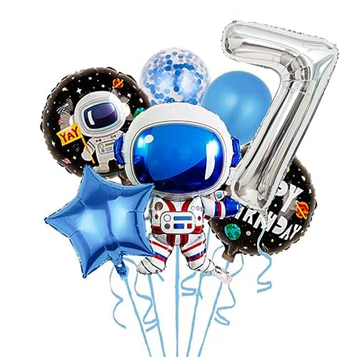 SUBOOCA 7th Birthday Party Sign, Outer Space Themed Party Balloons, Astronaut Spaceman Helium Foil Balloons For Boys Girls 7th Birthday Party, Seventh Birthday Party Decorations