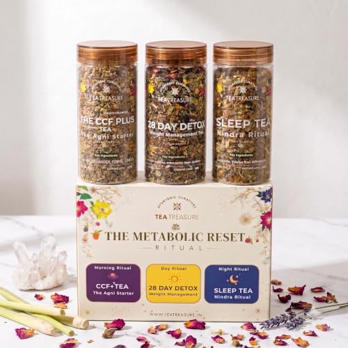 Image of TeaTreasure Metabolic Reset Ritual Kit - CCF+, 28 Day Detox Fat Loss & Sleep Herbal Tea Combo | Ayurvedic Blend for Digestion, Weight Loss, Metabolism Boost & Better Sleep