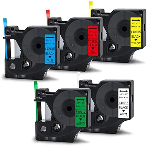 Fentec 9mm 5X Compatible Label Tape Replacement for D1 Tape 40913 40916 40917 40918 40919 Black on White/Blue/Red/Yellow/Green for LabelManager 100 200 400 450D PnP LabelWriter 400, 7m Cover