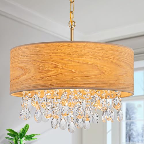 LumFurn 4-Light Drum Wood K9 Crystal Chandeliers, Nature Boho Style