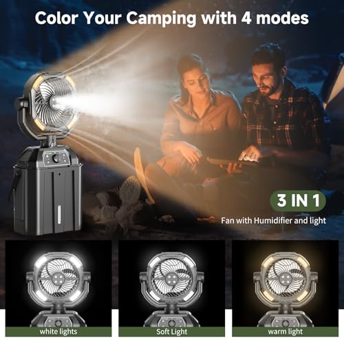 Portable Misting Fan Rechargeable for Hot Weather - 9-inch Auto Swivel Camping Fan with 25000mAh USB Battery as Power Bank, Outdoor fan with 4 Mist Cooler, 7L Bucket for Patio,Fishing,Yard,Beach,Golf