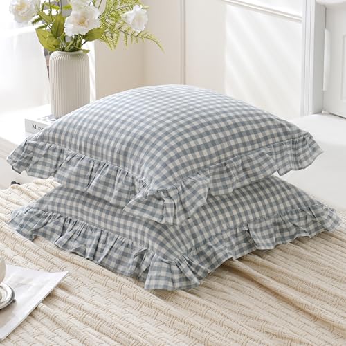 Blue White Plaid Euro Pillow Shams Ruffle Pillowcases Set of 2,Shabby Checkered Washed Cotton Pillow Covers-26 x26,Blue/White Plaid