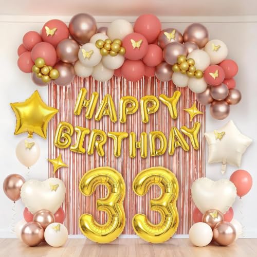Red and Gold 33rd Birthday Decorations for Women - Party Backdrop with Latex, Foil Balloons & Foil Fringe Curtains, Happy Birthday Banner, 33 Number Foil Balloons, for Birthday Party Supplies
